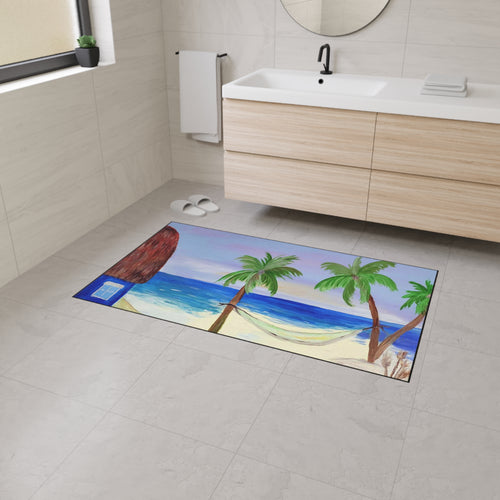 Beach Scene Heavy Duty Floor Mat — Tropical Hammock Palm Tree Doormat