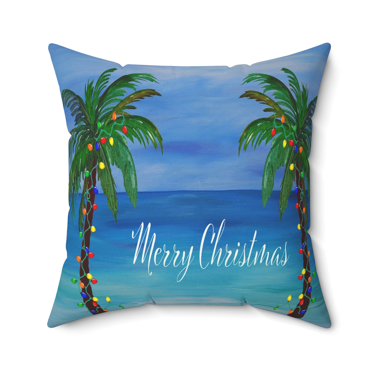 Merry Christmas Tropical Pillow — Palm Trees & Beach Holiday Throw Pillow