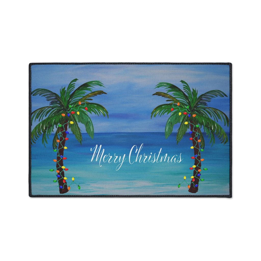 Merry Christmas Tropical Palm Doormat — Heavy Duty Holiday Floor Mat