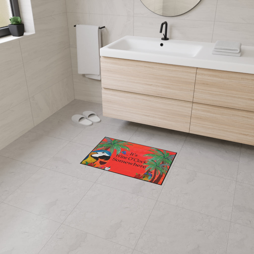Floor Mat — "It’s Wine O’Clock Somewhere" Tropical Parrot Welcome Mat