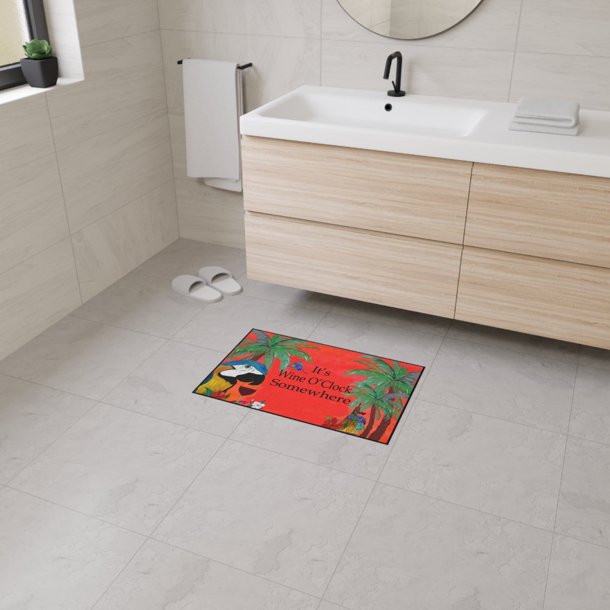 Floor Mat — "It’s Wine O’Clock Somewhere" Tropical Parrot Welcome Mat