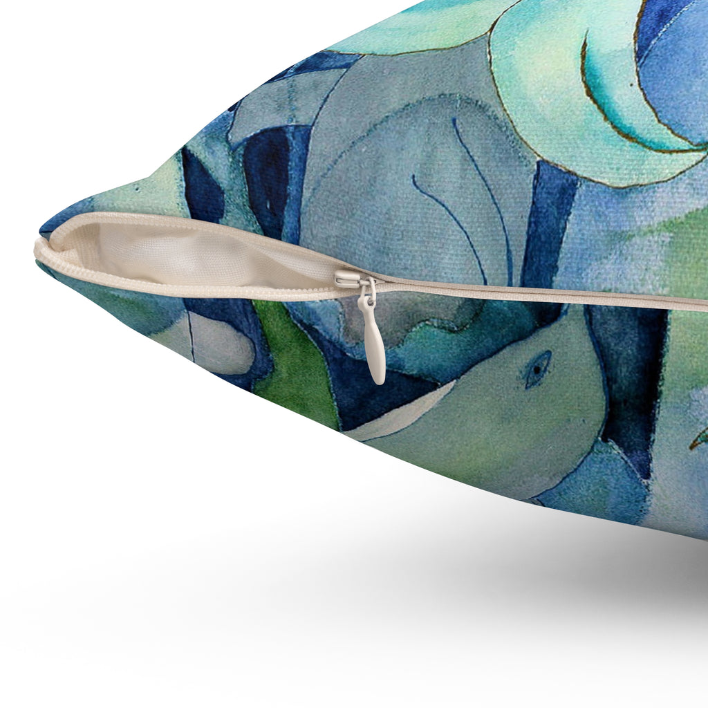 Mermaid & Dolphins Blue Watercolor Throw Pillow
