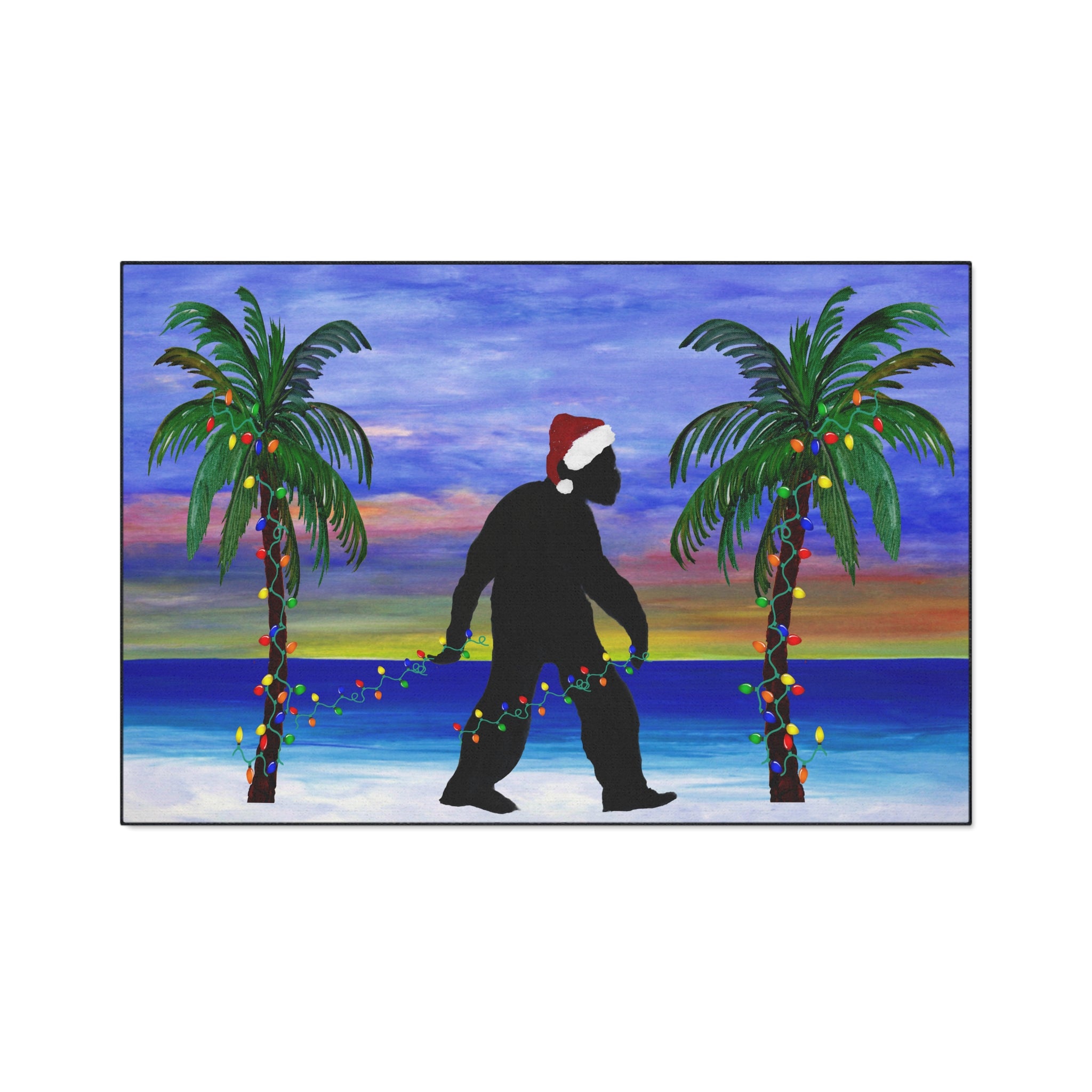Christmas Beach Sasquatch Doormat — Holiday Palm Tree Welcome Mat
