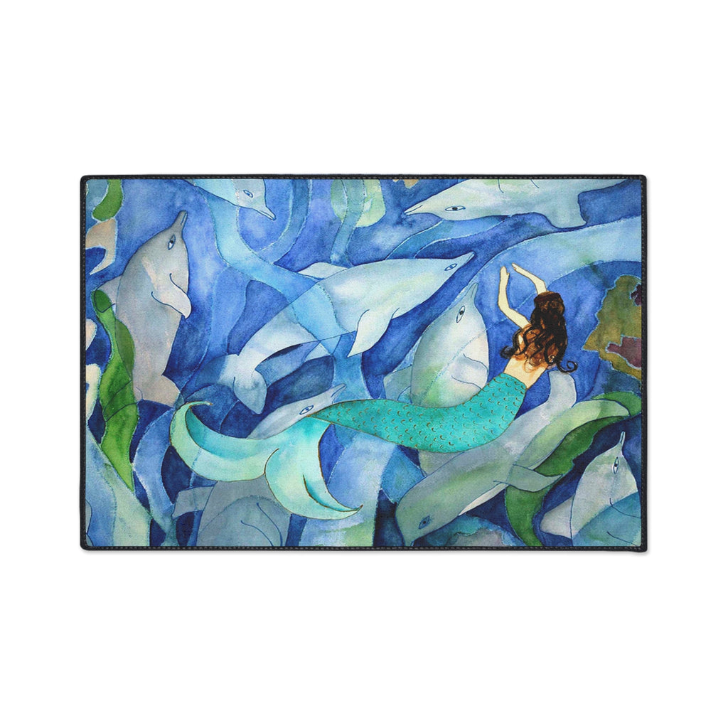 Mermaid and Dolphins Ocean Floor Mat — Heavy-Duty Nautical Doormat