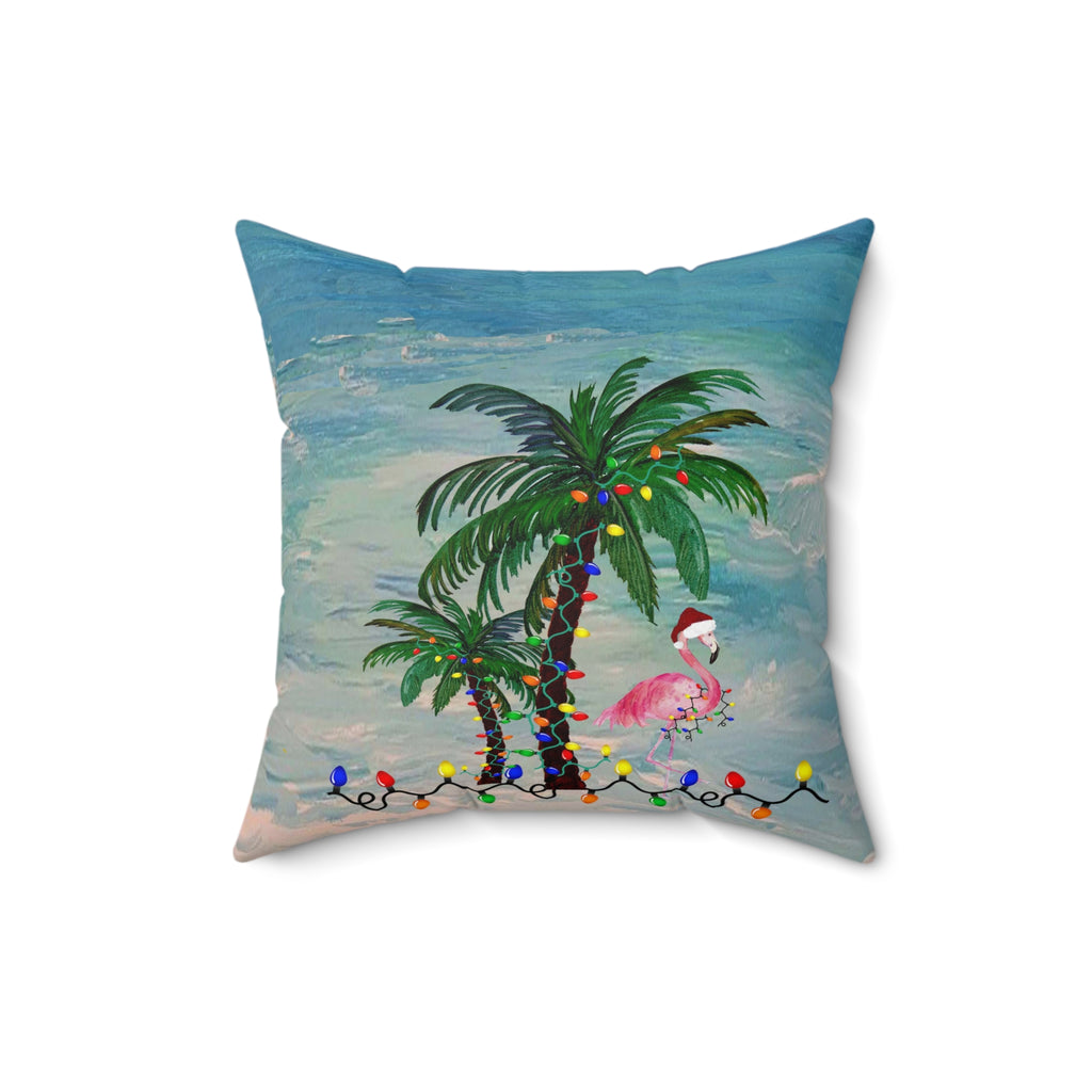 Tropical Christmas Palm Pillow — Flamingo & Holiday Lights Square Throw Pillow