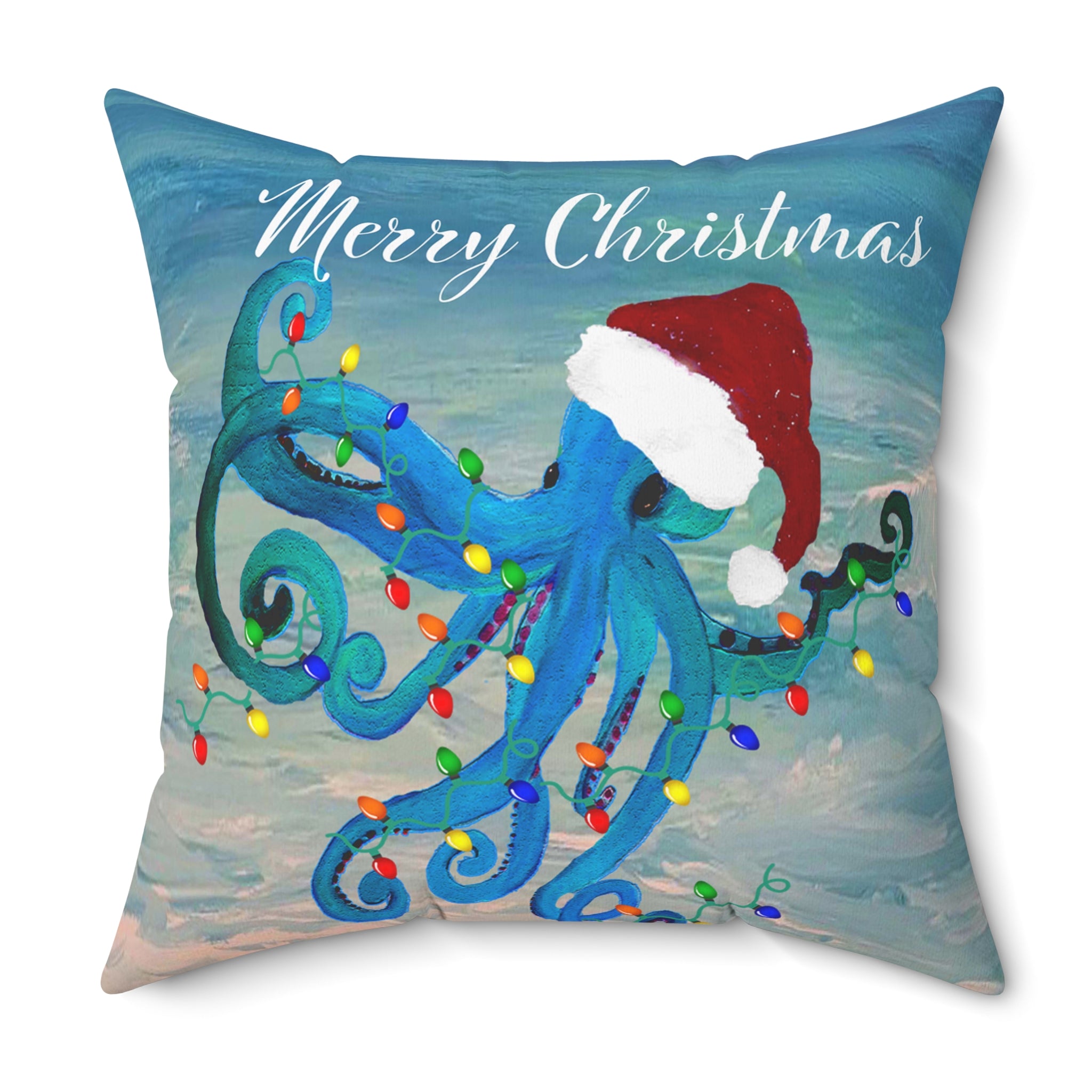Merry Christmas Octopus Pillow — Festive Santa Hat Sea Creature Throw Pillow