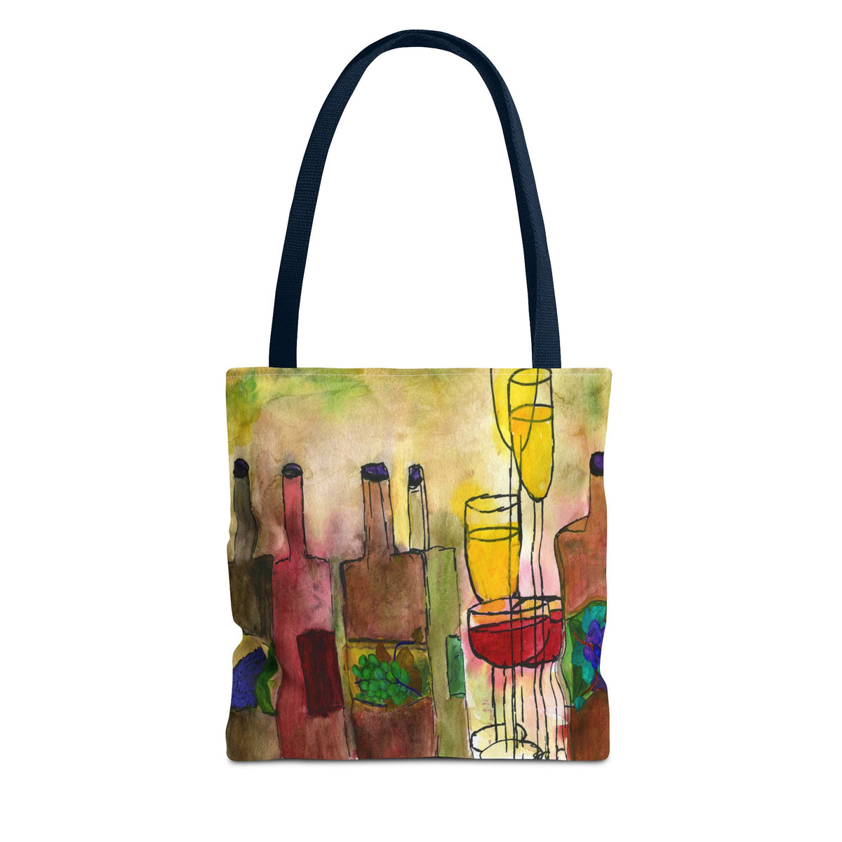 Wine & Glasses Artistic Tote Bag — Colorful Vineyard Watercolor All-Over Print