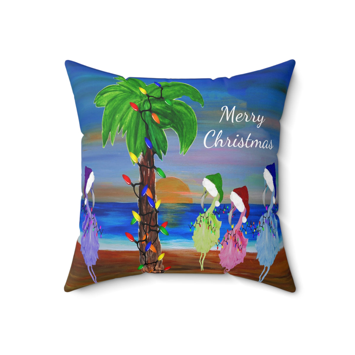 Flamingos Merry Christmas Tropical Palm Pillow — Festive Beach Holiday Decor