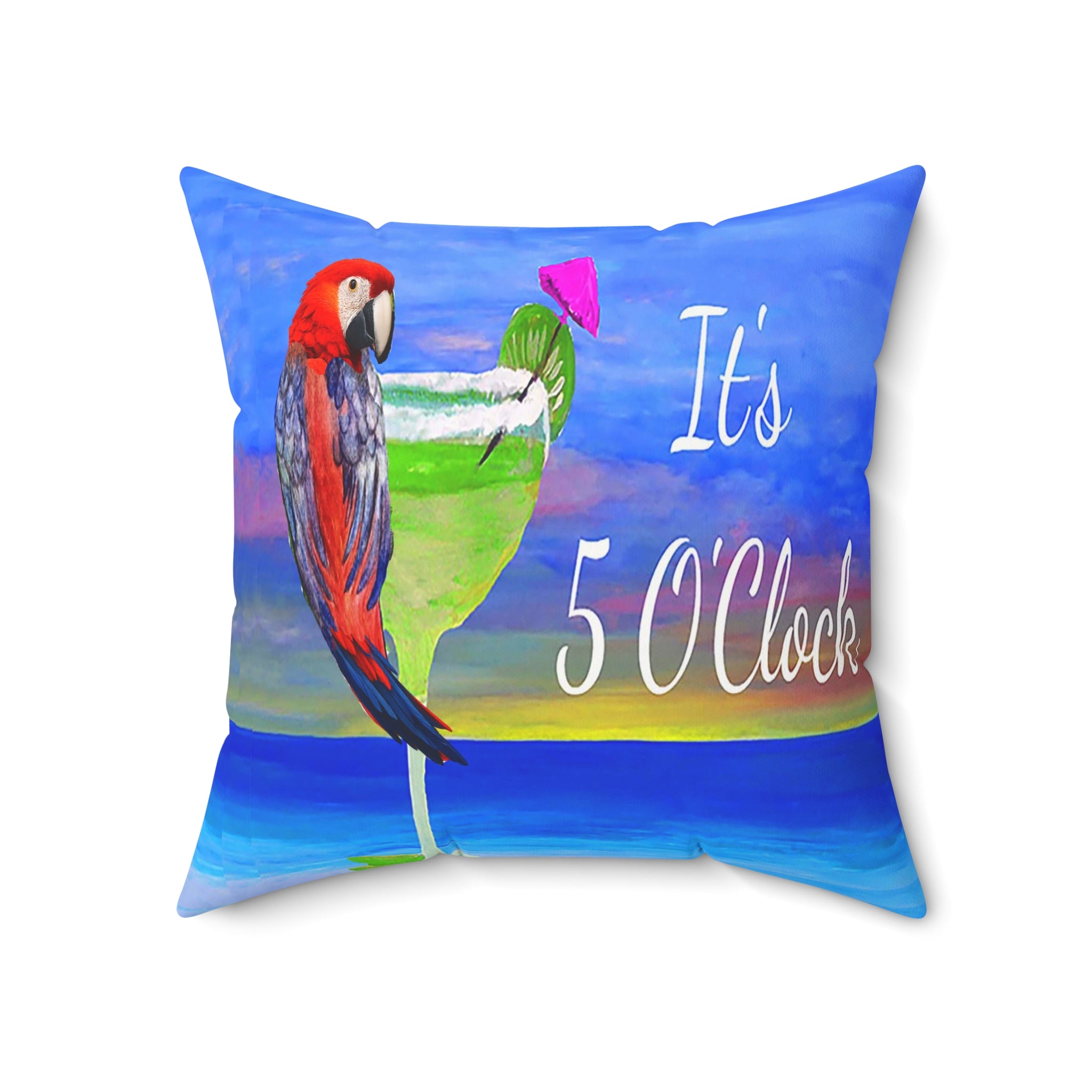 Pretty Parrot Margarita It's 5 O'clock tropical bar Spun Polyester Square Pillow
