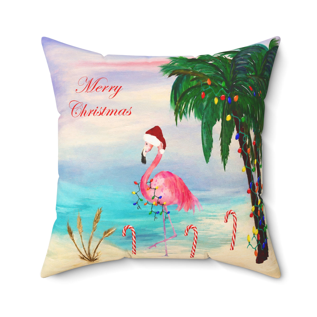 Christmas Flamingo Candy Canes Beach Pillow — Merry Christmas Tropical Holiday Throw Pillow