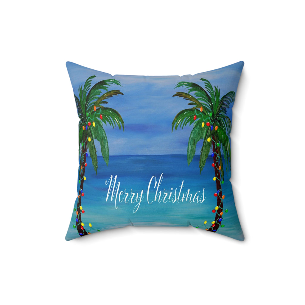 Merry Christmas Tropical Pillow — Palm Trees & Beach Holiday Throw Pillow