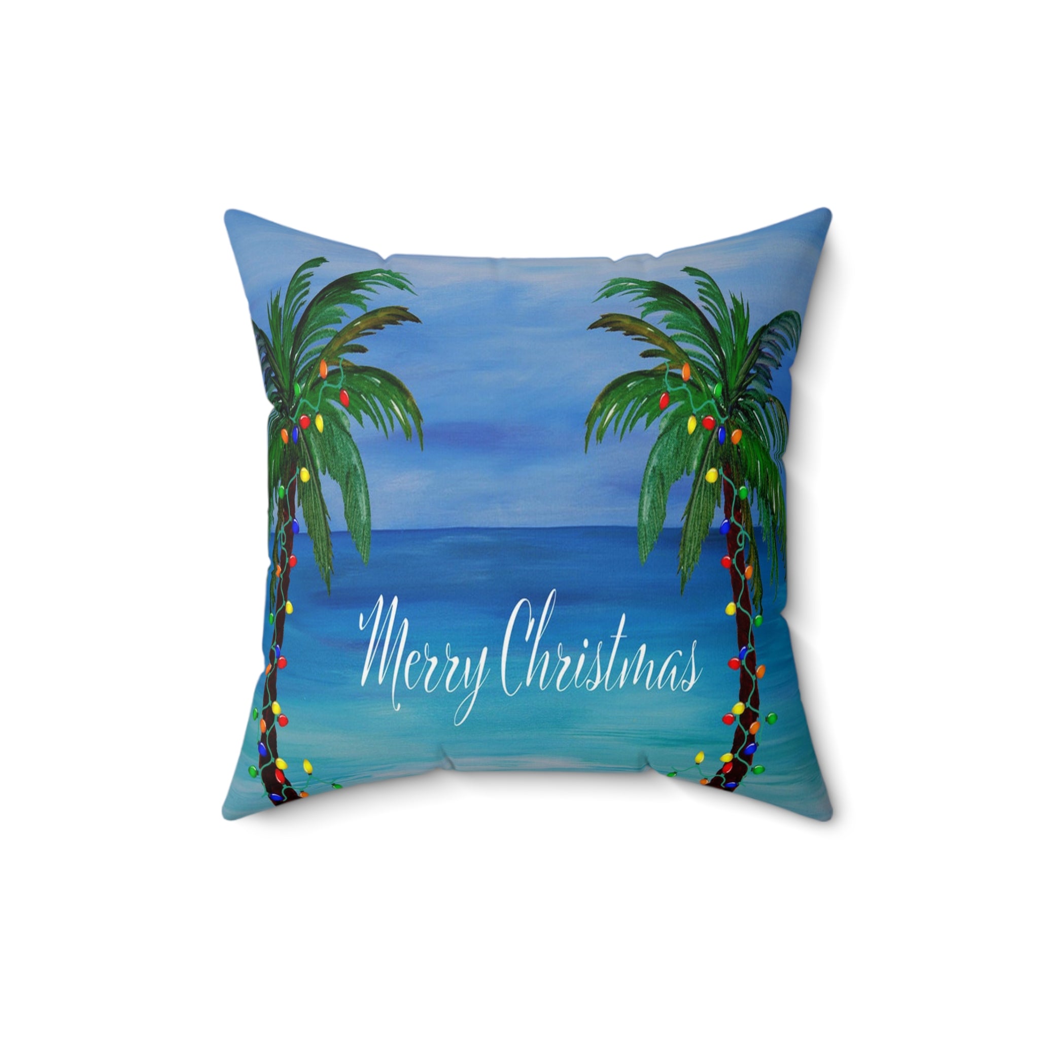 Merry Christmas Tropical Pillow — Palm Trees & Beach Holiday Throw Pillow