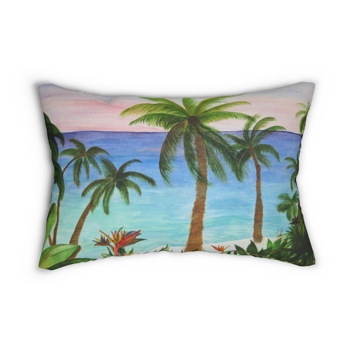 Tropical Palm Beach Lumbar Pillow — Coastal Sunset Decorative Accent