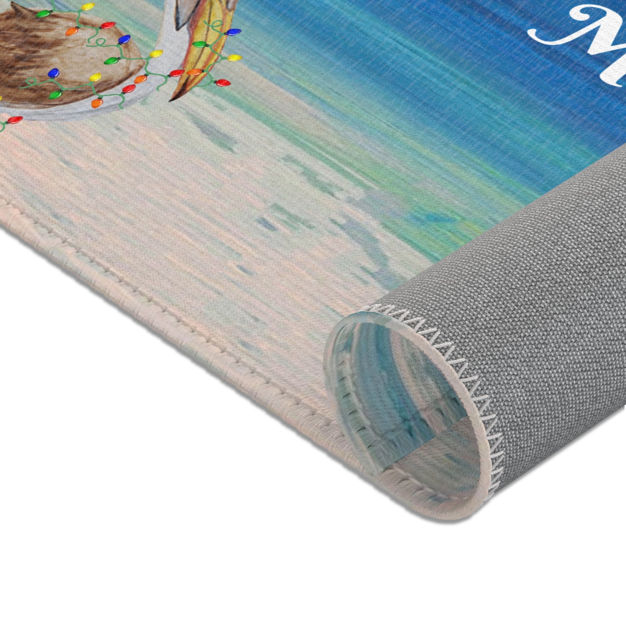 Merry Christmas Beach Area Rug – Tropical Palm & Pelican Holiday Mat