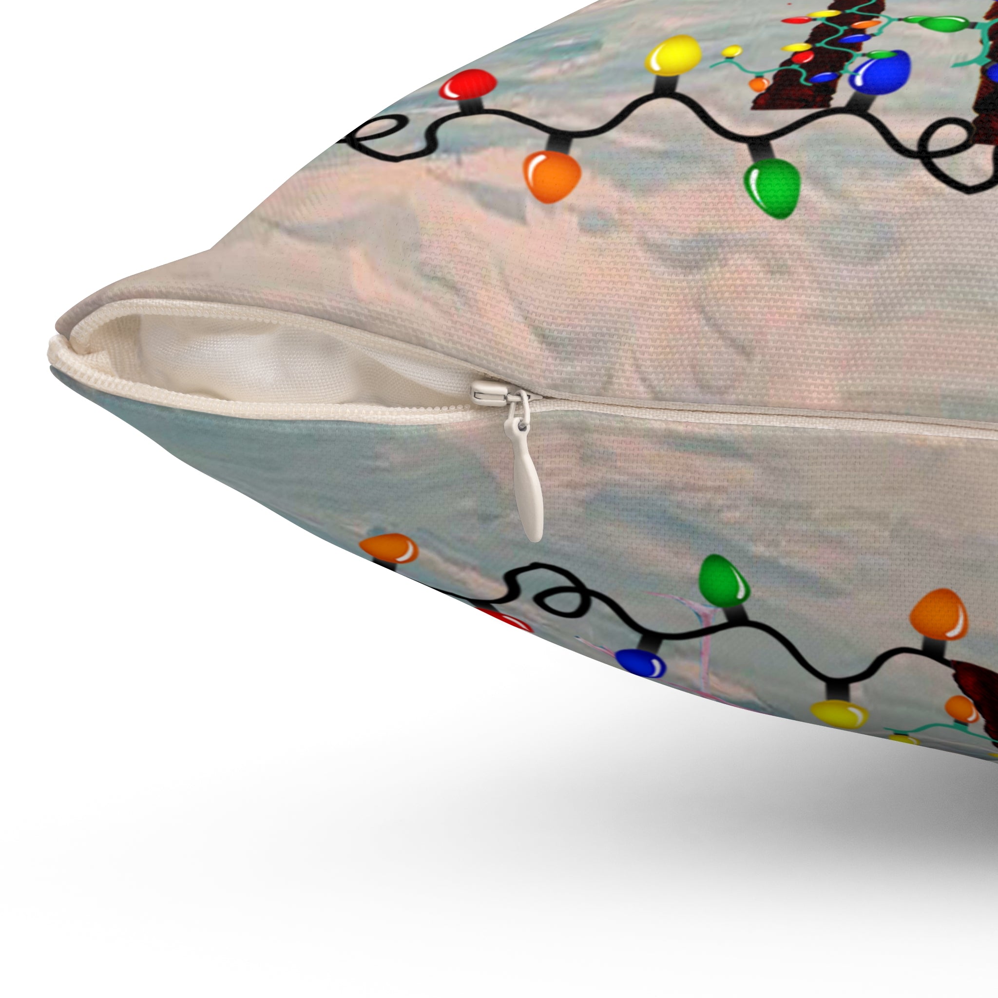 Tropical Christmas Palm Pillow — Flamingo with Holiday Lights