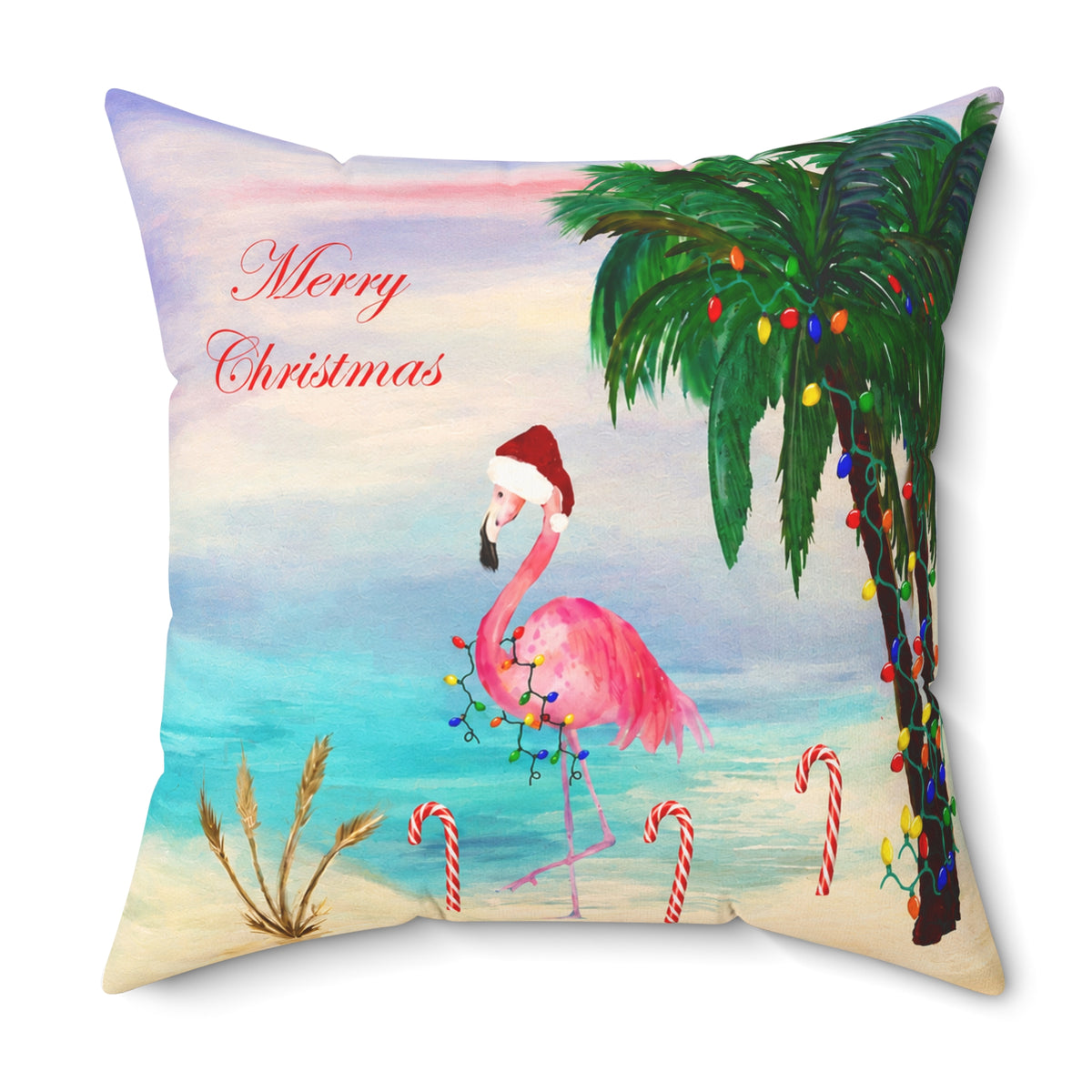 Christmas Flamingo Candy Canes Beach Pillow — Merry Christmas Tropical Holiday Throw Pillow