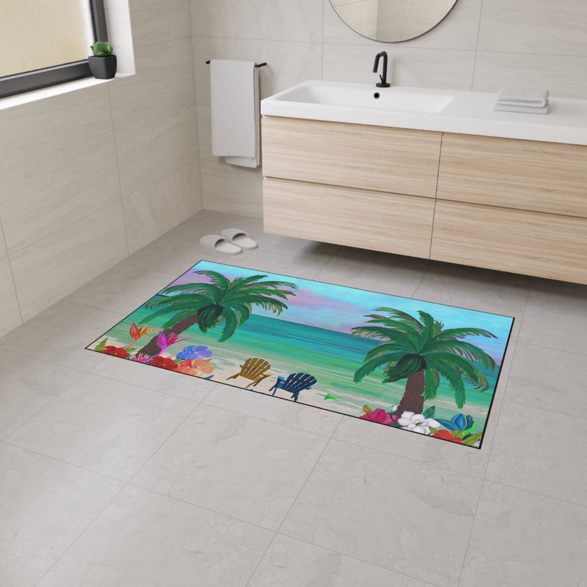 Tropical Beach Floor Mat — Palm Trees, Adirondack Chairs & Floral Welcome Doormat