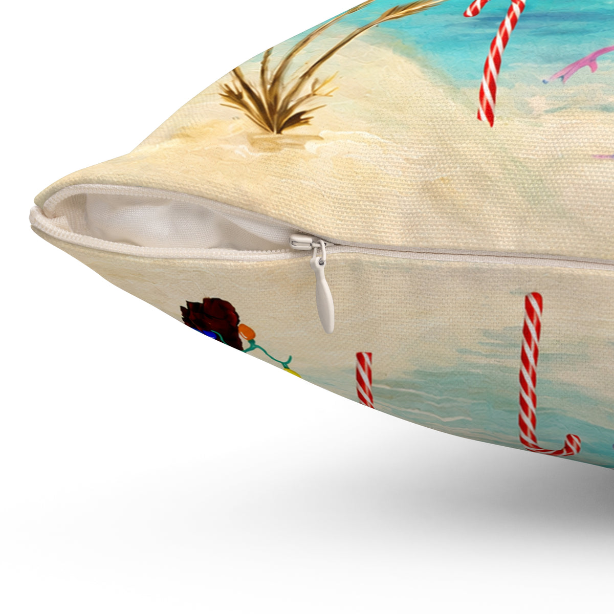 Christmas Flamingo Candy Canes Beach Pillow — Merry Christmas Tropical Holiday Throw Pillow