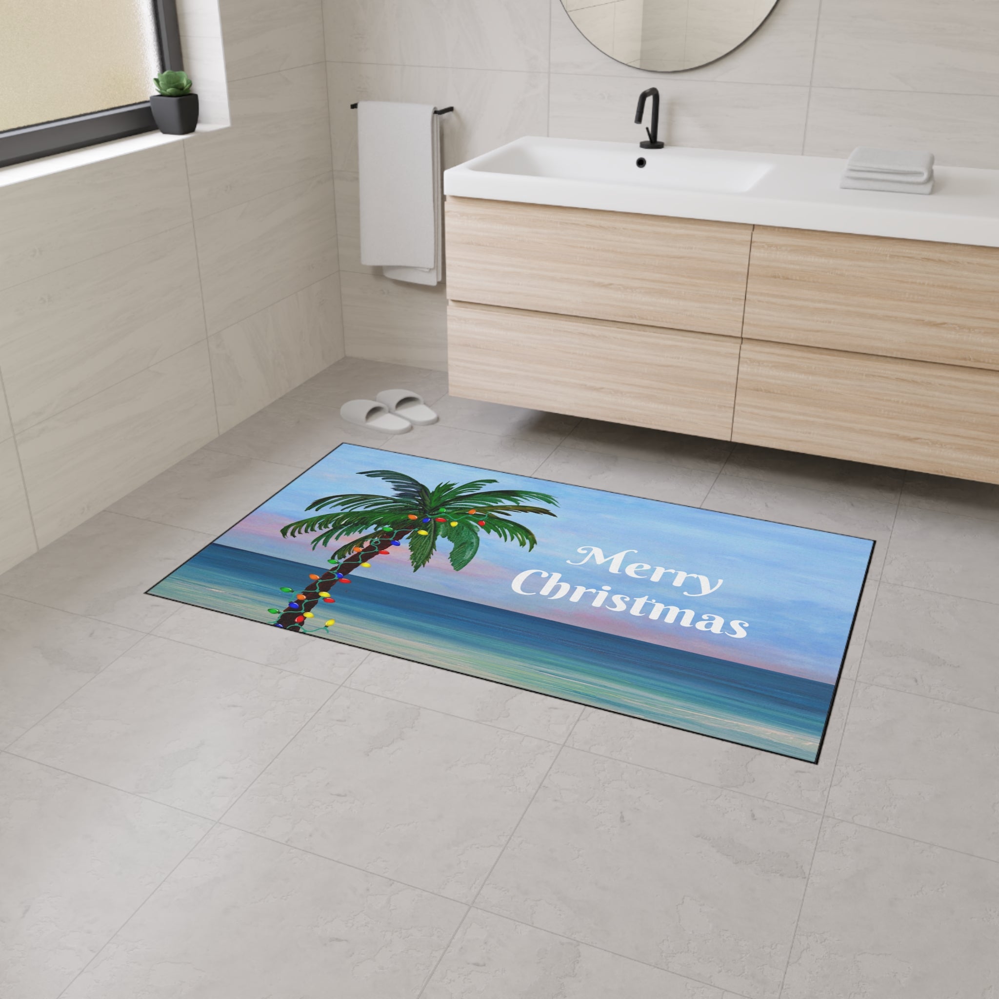 Merry Christmas Palm Tree Beach Floor Mat