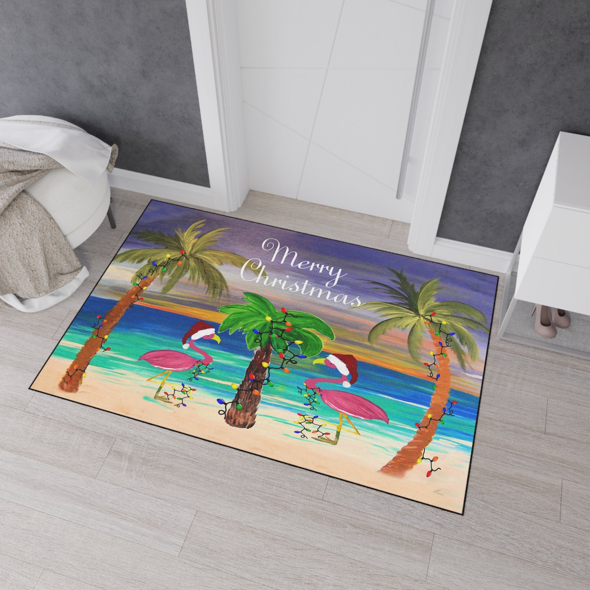 Christmas Beach Floor Mat — "Merry Christmas" Flamingo Palm Tree Doormat