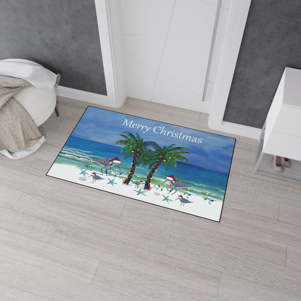 Sandpipers Shore Birds with Santa hats festive Beach Palm 'Merry Christmas' Floor Mat — Tropical Holiday Doormat