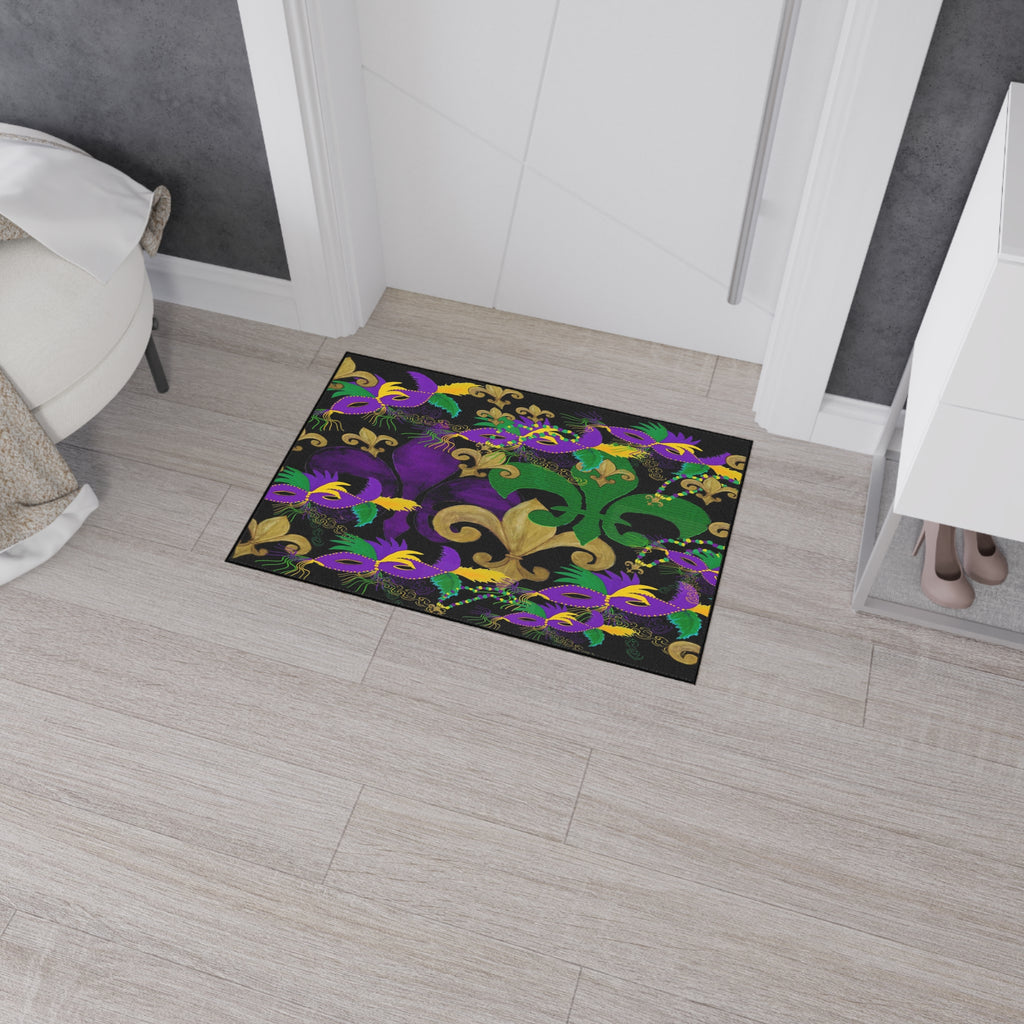 Mardi Gras Fleur-de-Lis Heavy Duty Floor Mat — Purple, Green & Gold Mask Design