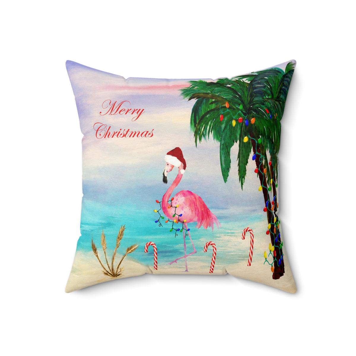 Christmas Flamingo Candy Canes Beach Pillow — Merry Christmas Tropical Holiday Throw Pillow