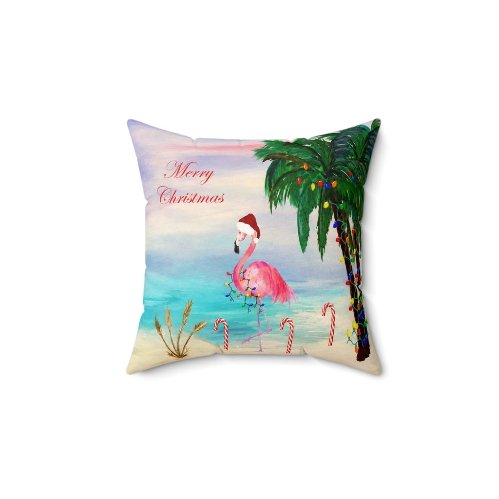 Christmas Flamingo Candy Canes Beach Pillow — Merry Christmas Tropical Holiday Throw Pillow