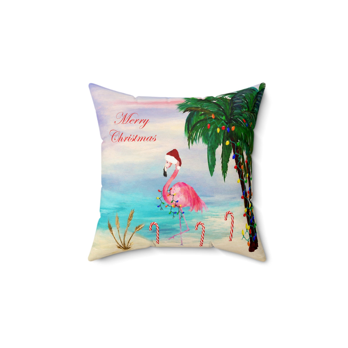 Christmas Flamingo Candy Canes Beach Pillow — Merry Christmas Tropical Holiday Throw Pillow