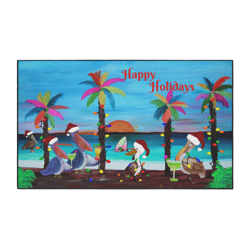 Christmas Pelican Party Cocktails Beach Mat — "Merry Christmas" Holiday Doormat