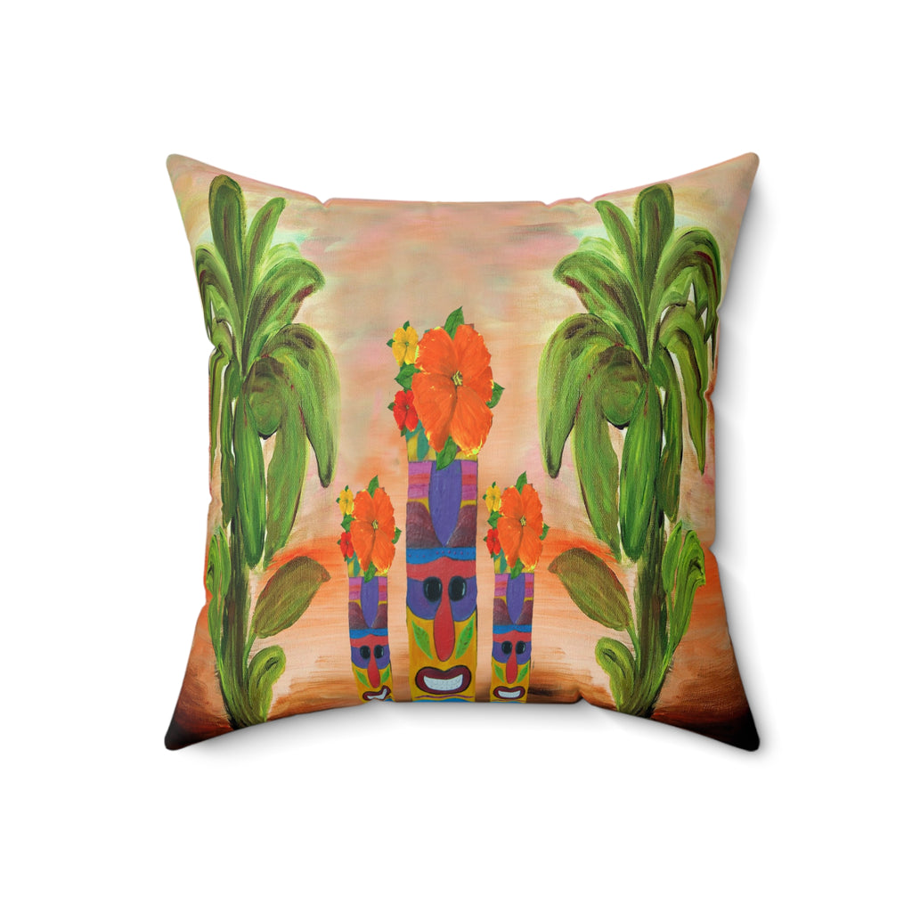 Tropical Tiki Flower Square Pillow — Tiki Man Totem Palm Throw
