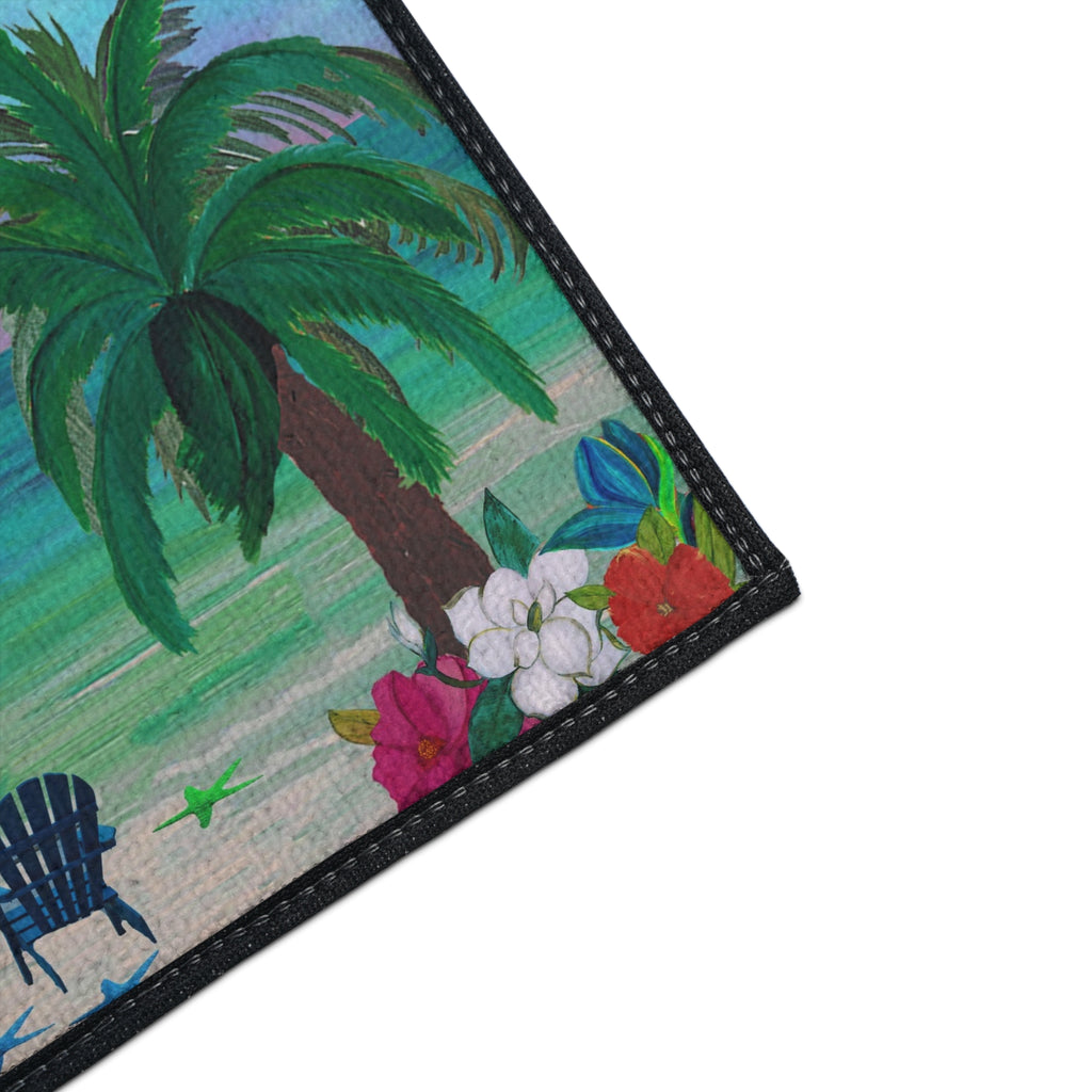 Tropical Beach Floor Mat — Palm Trees, Adirondack Chairs & Floral Welcome Doormat