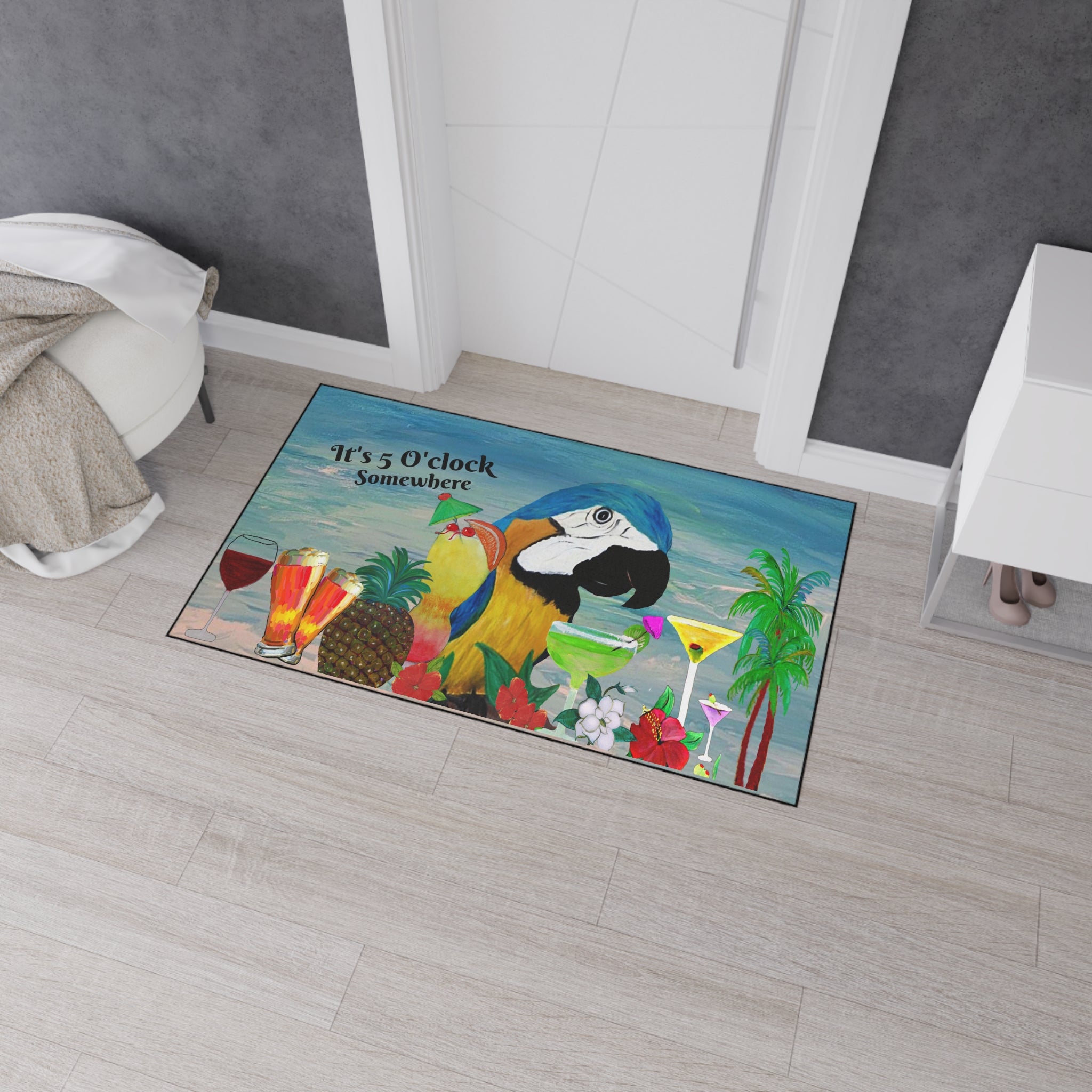 Parrot Bar Heavy Duty Floor Mat — "It's 5 O'Clock Somewhere" Tropical Parrot Drink Mat