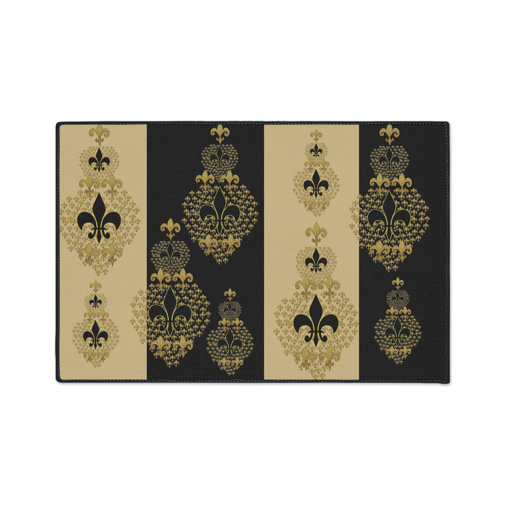 Fleur-de-Lis Heavy Duty Floor Mat — Black & Gold Decorative Entry Rug