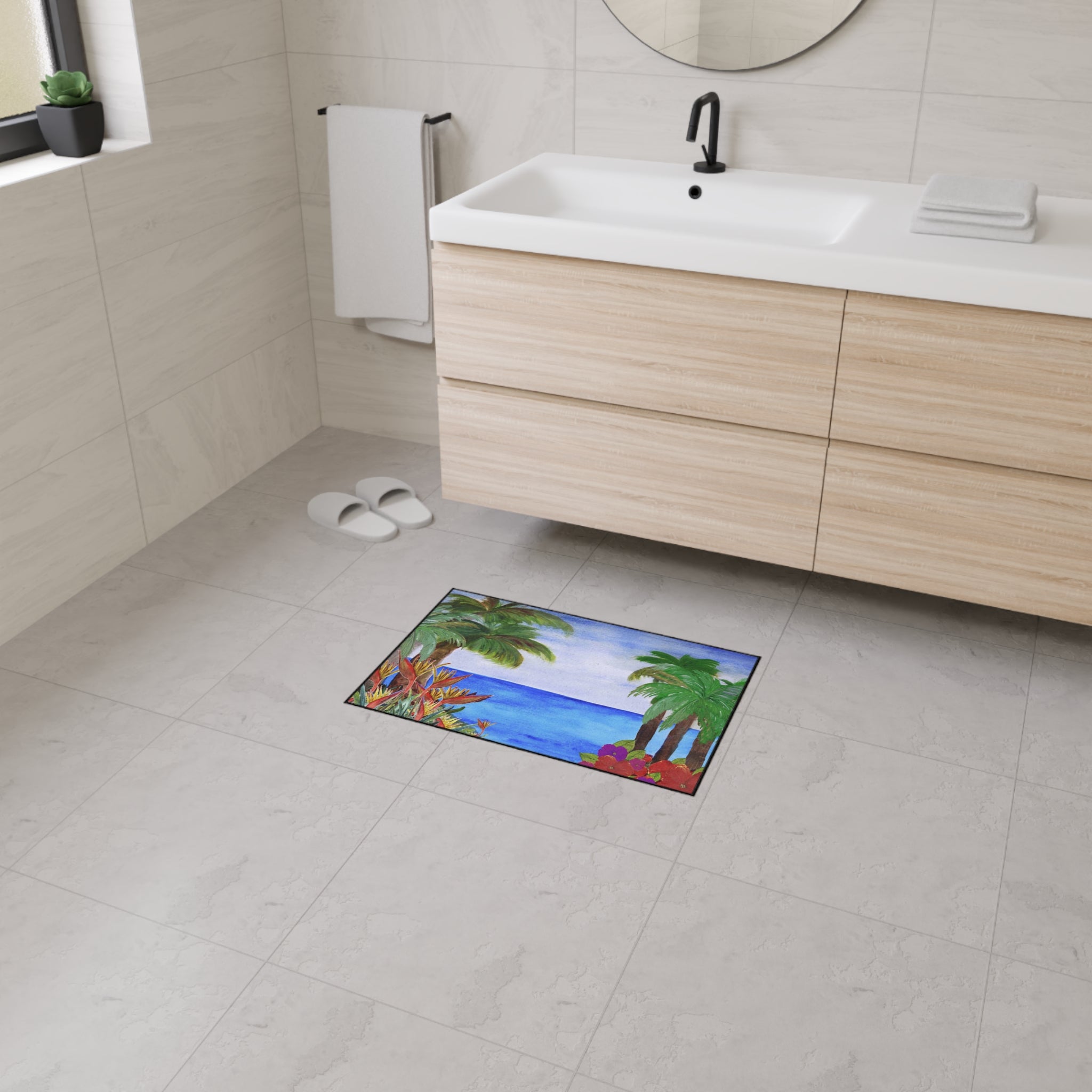 Tropical Beach Floor Mat – Palm Trees & Ocean Welcome Rug