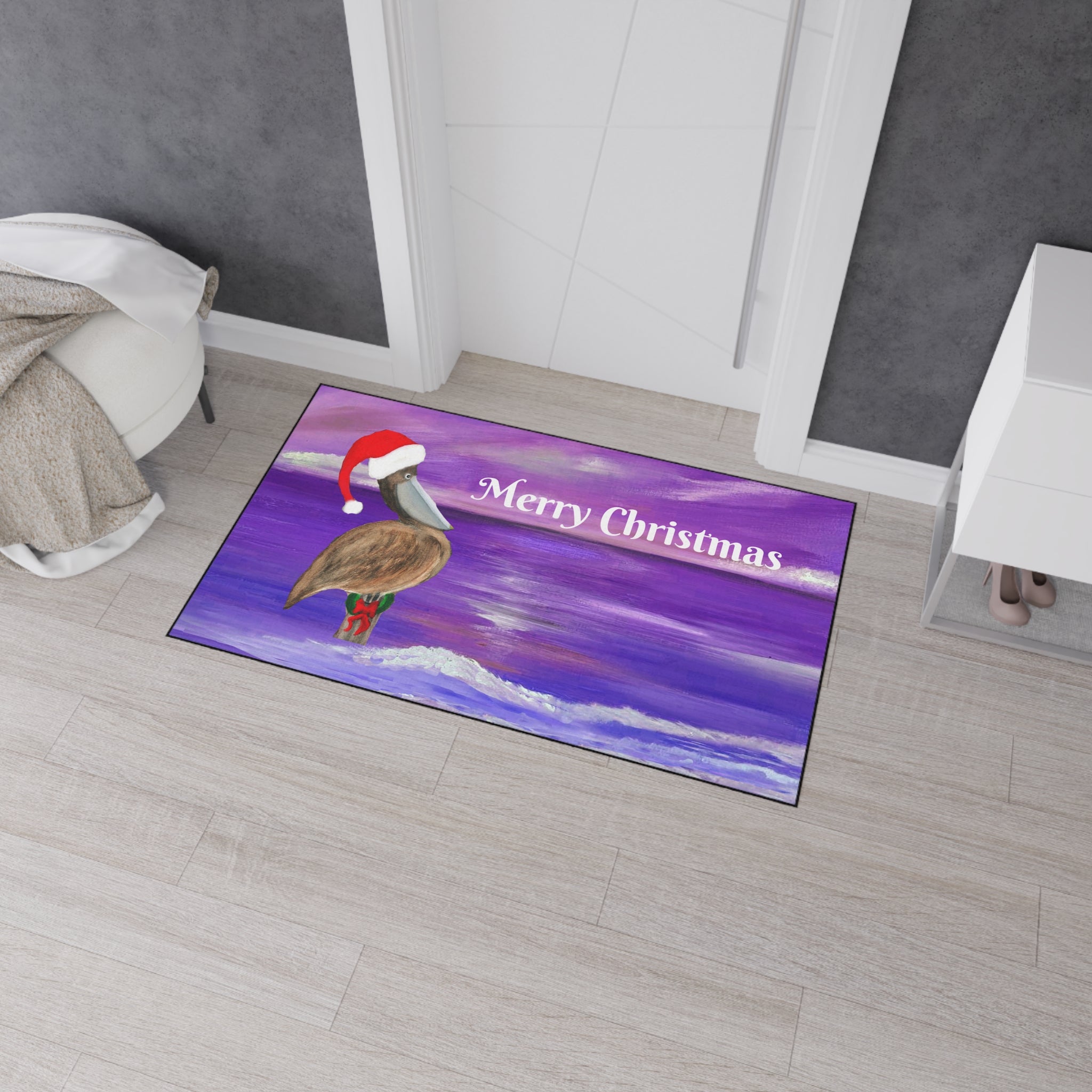 Merry Christmas Pelican Heavy-Duty Floor Mat — Coastal Holiday Welcome Mat