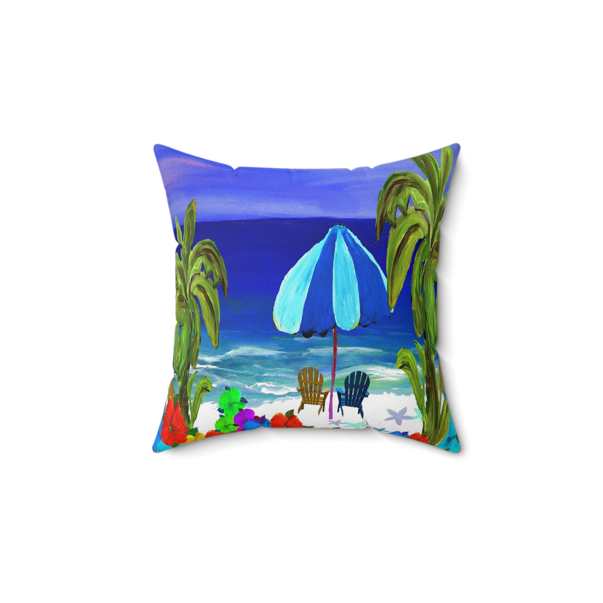 Beach Scene Throw Pillow — Tropical Umbrella & Palm Trees Decorative Pillow