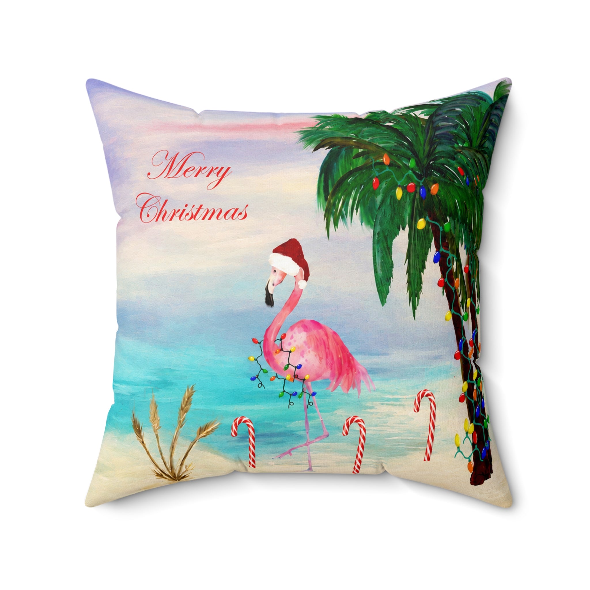Christmas Flamingo Candy Canes Beach Pillow — Merry Christmas Tropical Holiday Throw Pillow