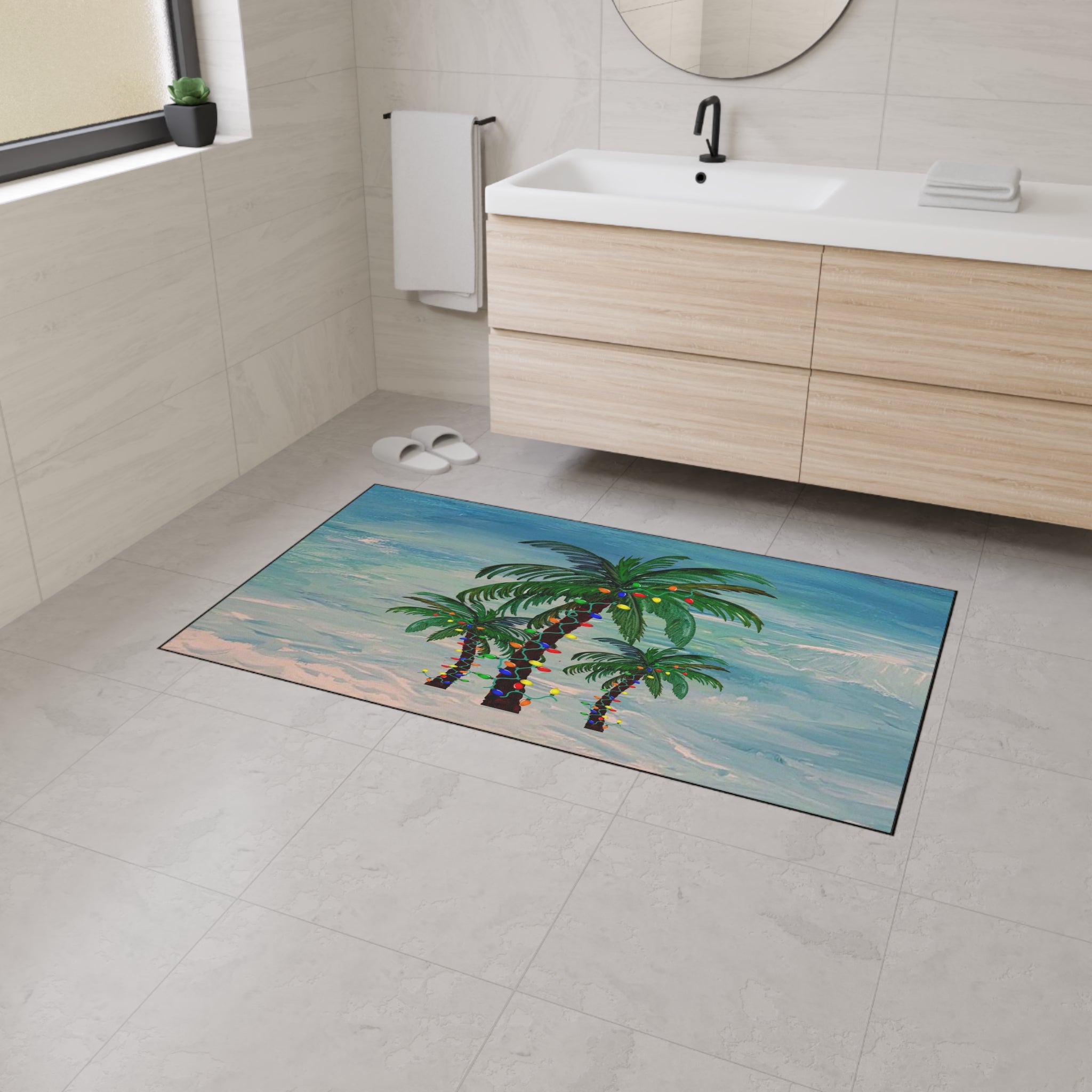 Tropical Palm Floor Mat — Palm Trees with String Lights Beach Doormat