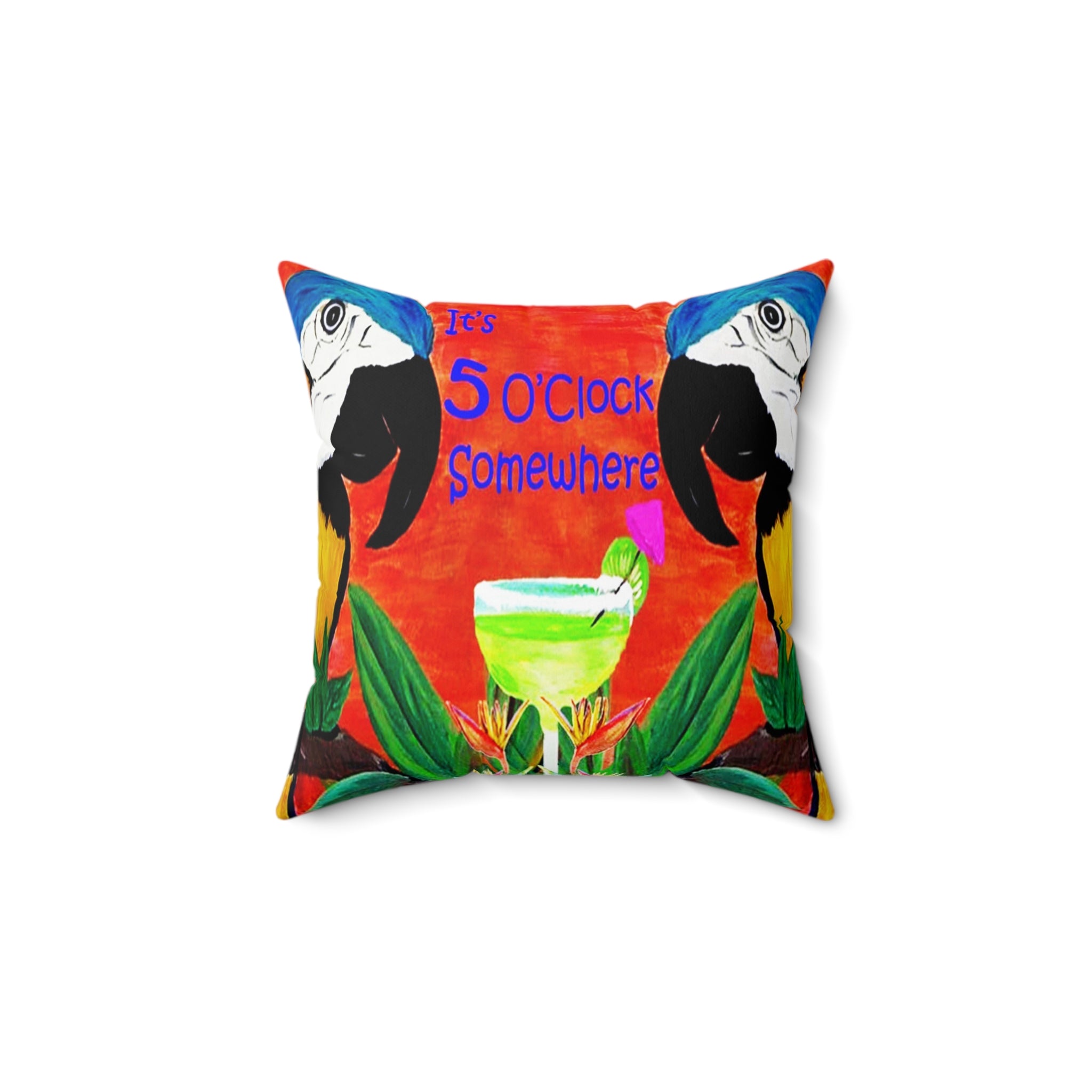 Square Pillow — Tropical Parrot 'It's 5 O'Clock Somewhere' Cocktail Design