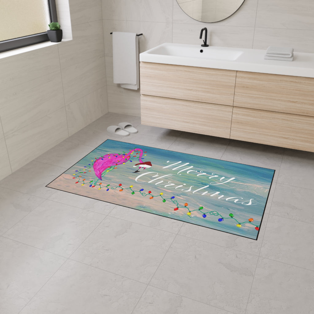 Christmas Flamingo Heavy-Duty Floor Mat — 'Merry Christmas' Holiday Doormat