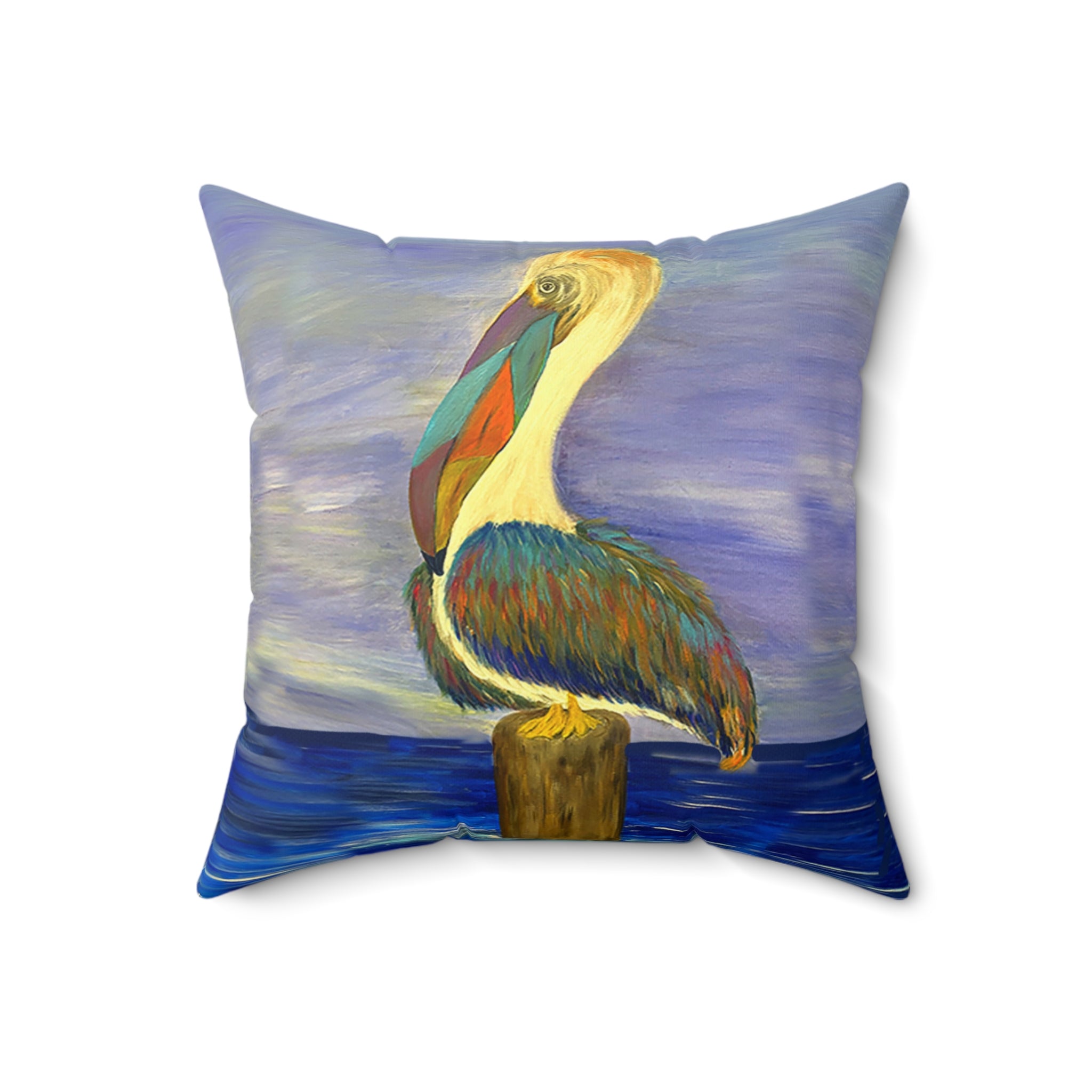 Pelican Art Pillow — Coastal Decorative Throw Pillow with Colorful Pelican Painting