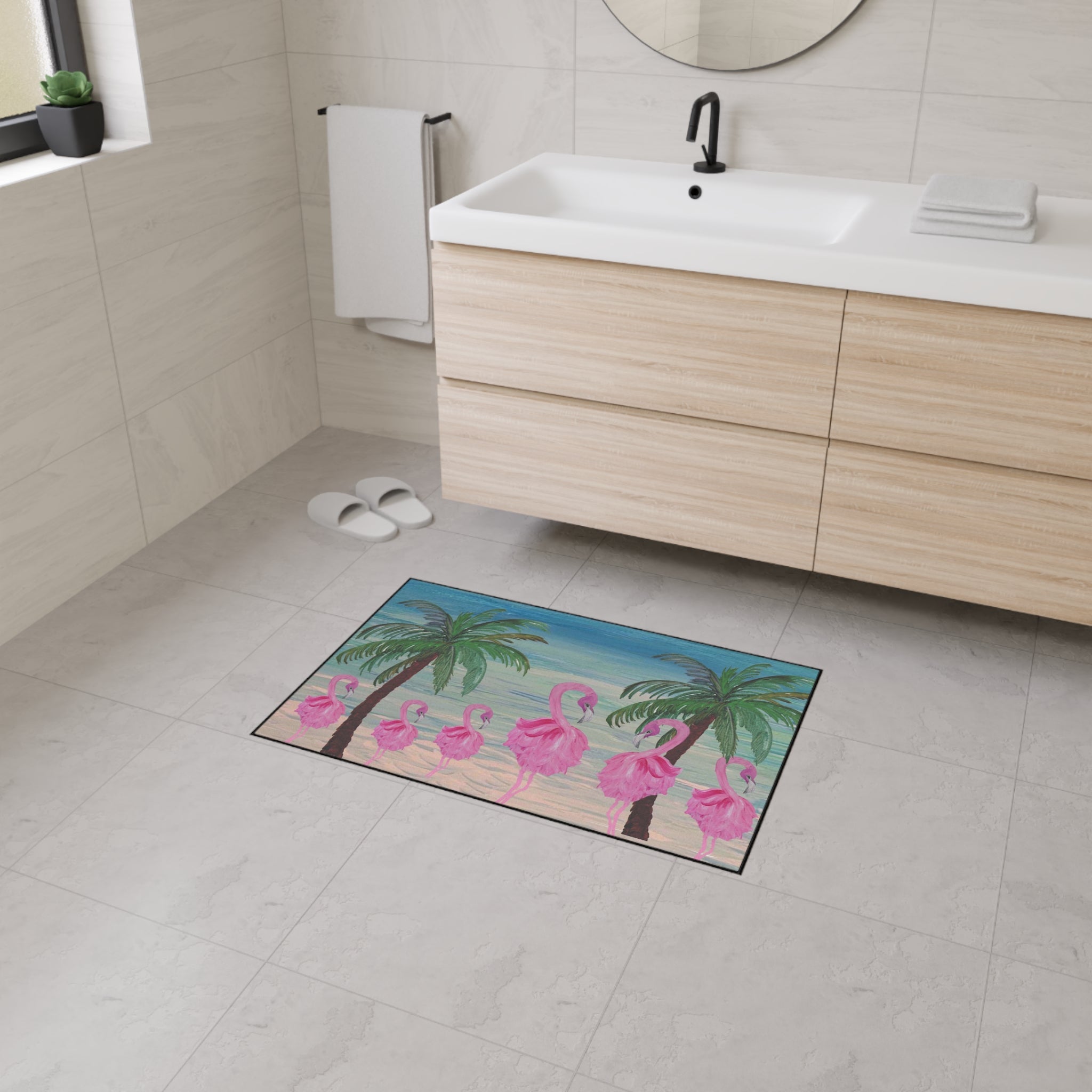Flamingo Beach Heavy Duty Floor Mat — Tropical Palm Welcome Rug