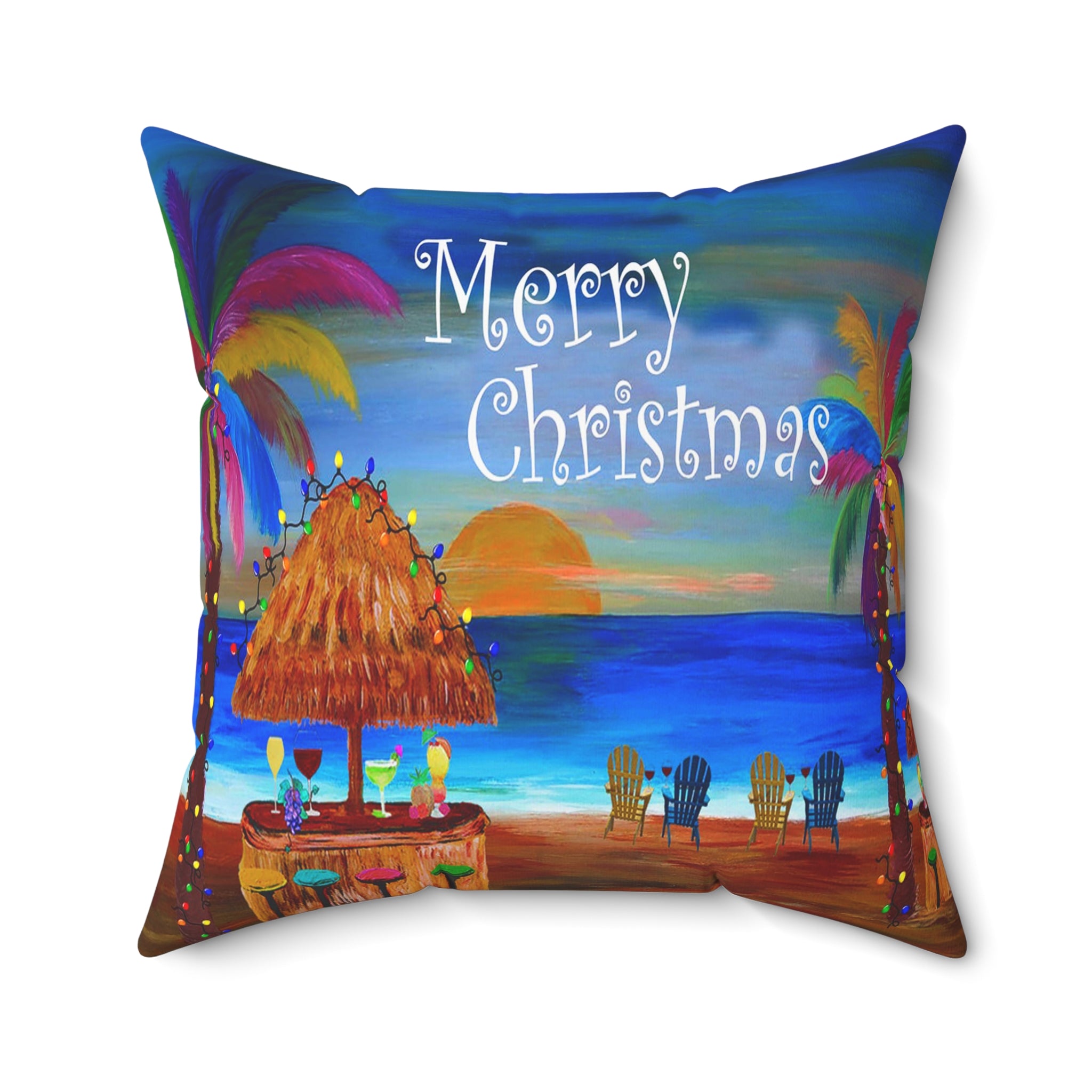 Tropical "Merry Christmas" Beach Pillow — Holiday Luau Decorative Throw Pillow