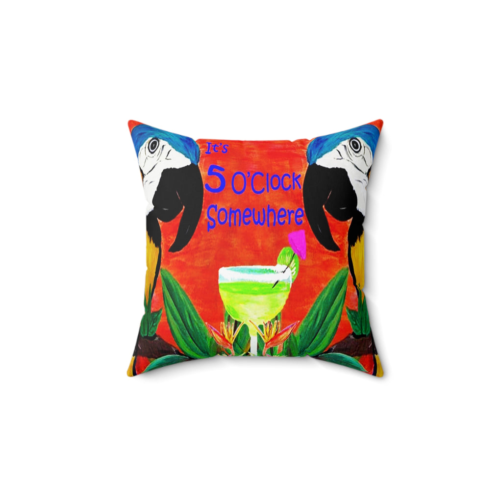 Square Pillow — Tropical Parrot 'It's 5 O'Clock Somewhere' Cocktail Design