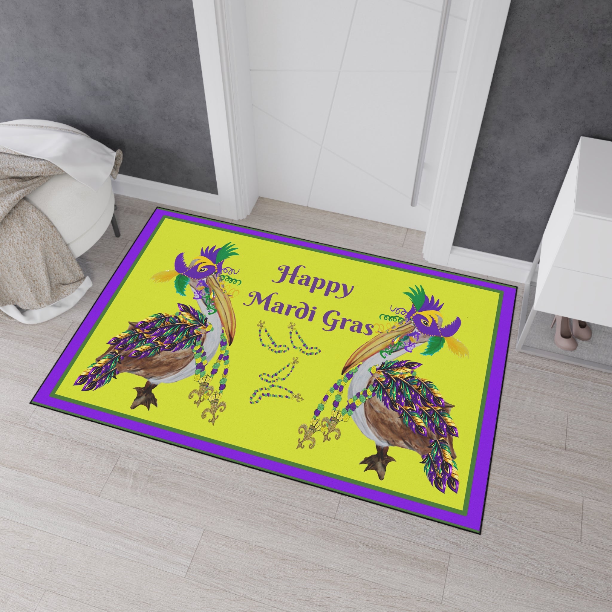 Pelican Mardi Gras adorned in beach home decor Heavy Duty Floor Mat rug