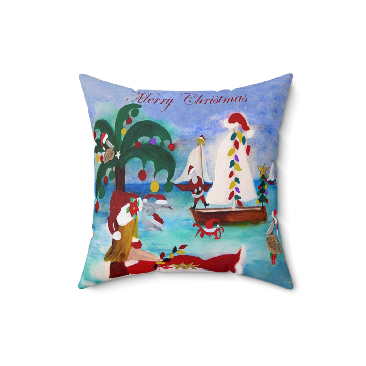 Christmas Coastal Pillow — 'Merry Christmas' Tropical Santa Decorative Throw Pillow