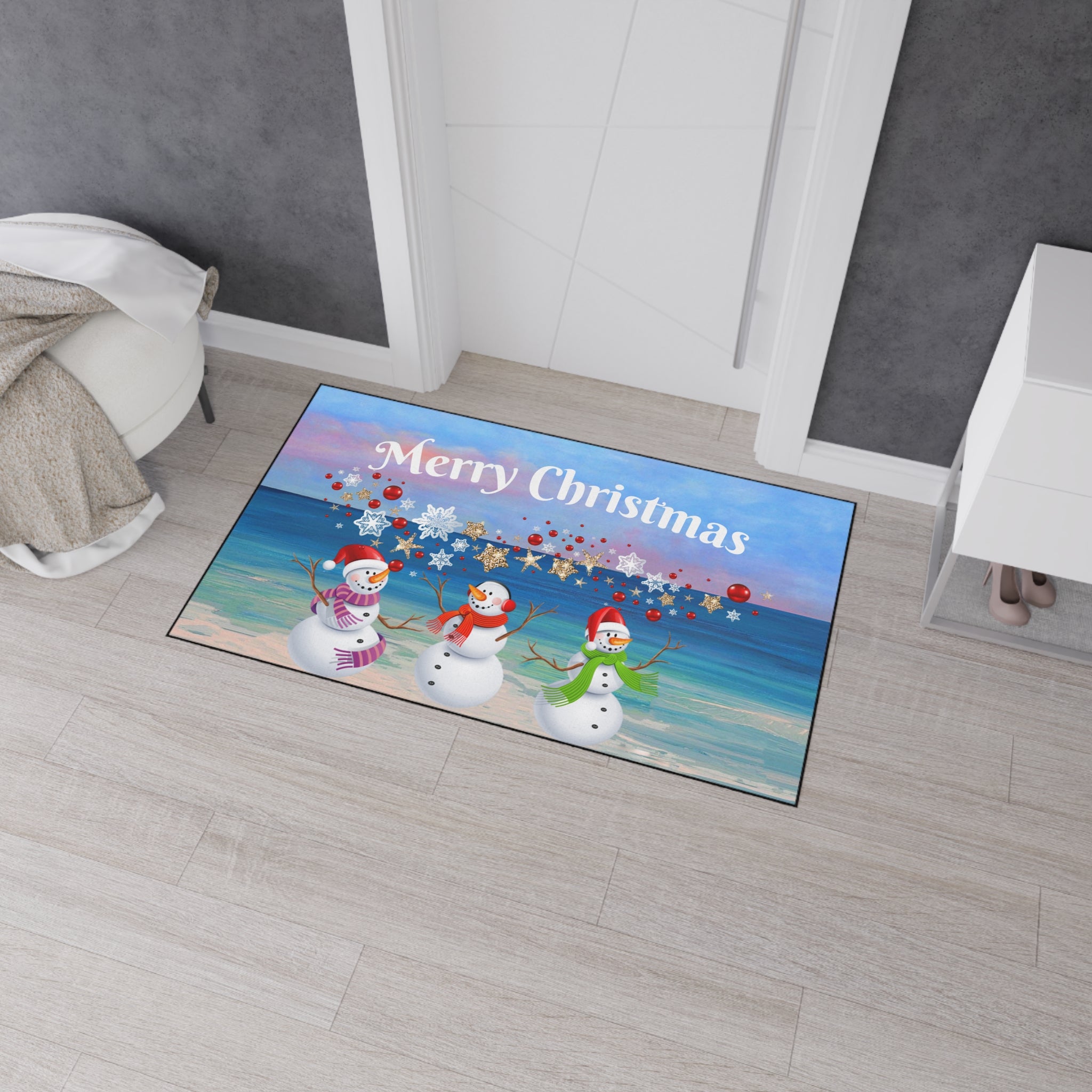 Christmas Snowmen Beach Heavy Duty Floor Mat - Merry Christmas Holiday Doormat