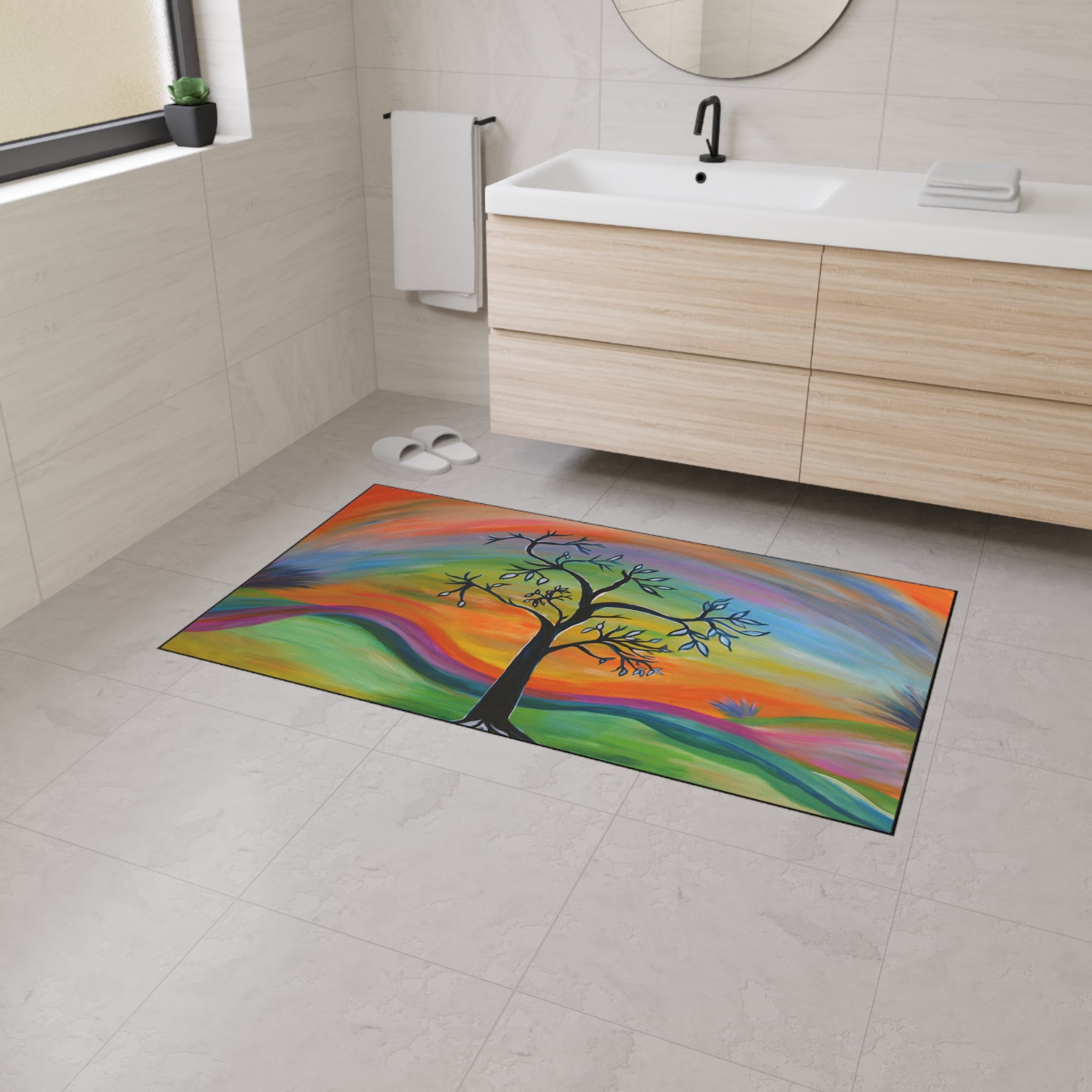 Retro Colorful Tree Heavy-Duty Floor Mat — Vibrant Abstract Welcome Rug