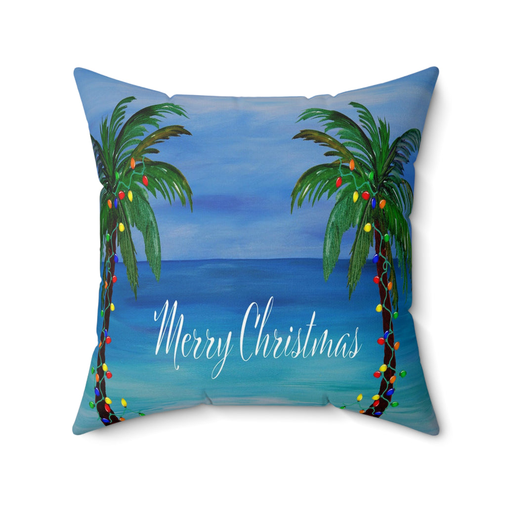 Merry Christmas Tropical Pillow — Palm Trees & Beach Holiday Throw Pillow